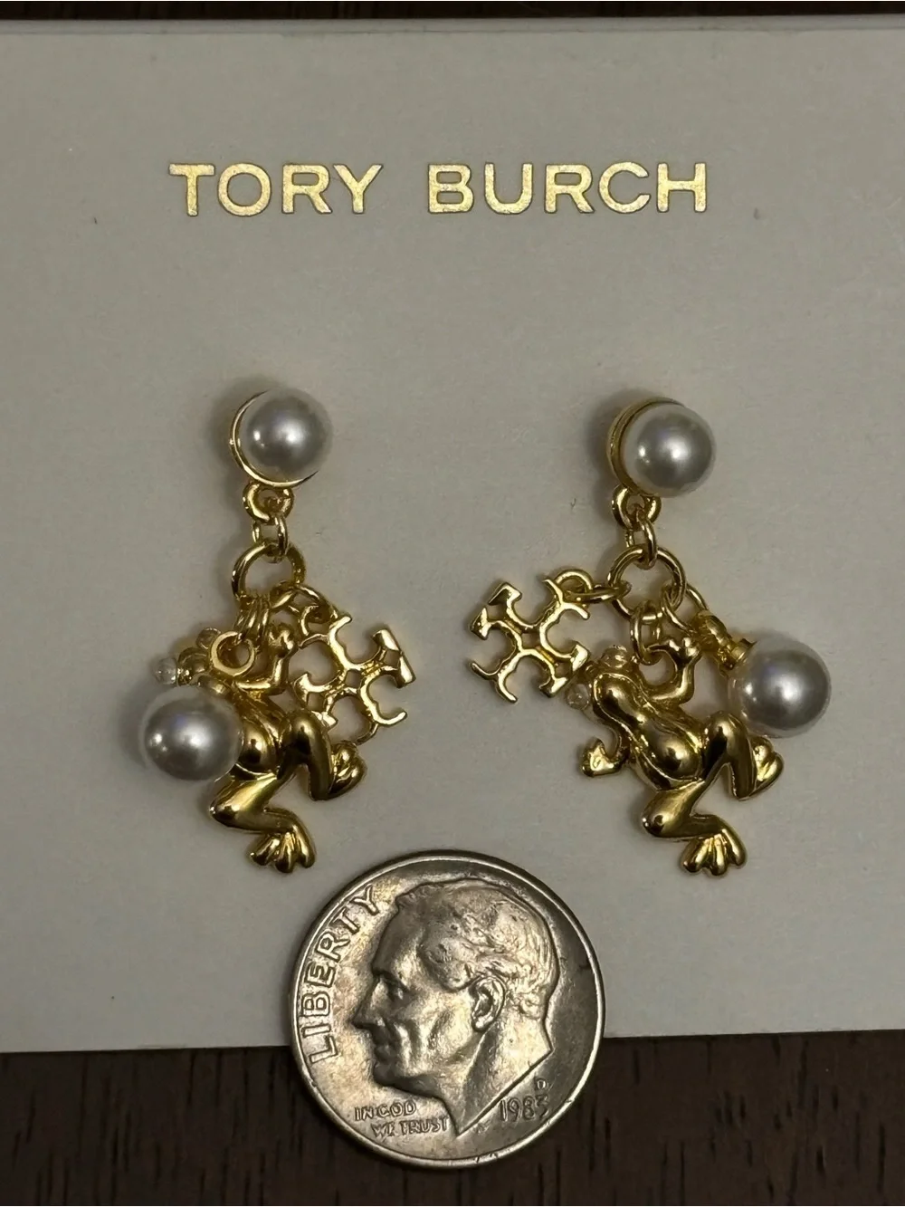Brand new Tory Burch Gold plated Frog Drop Earrings with White Pearls